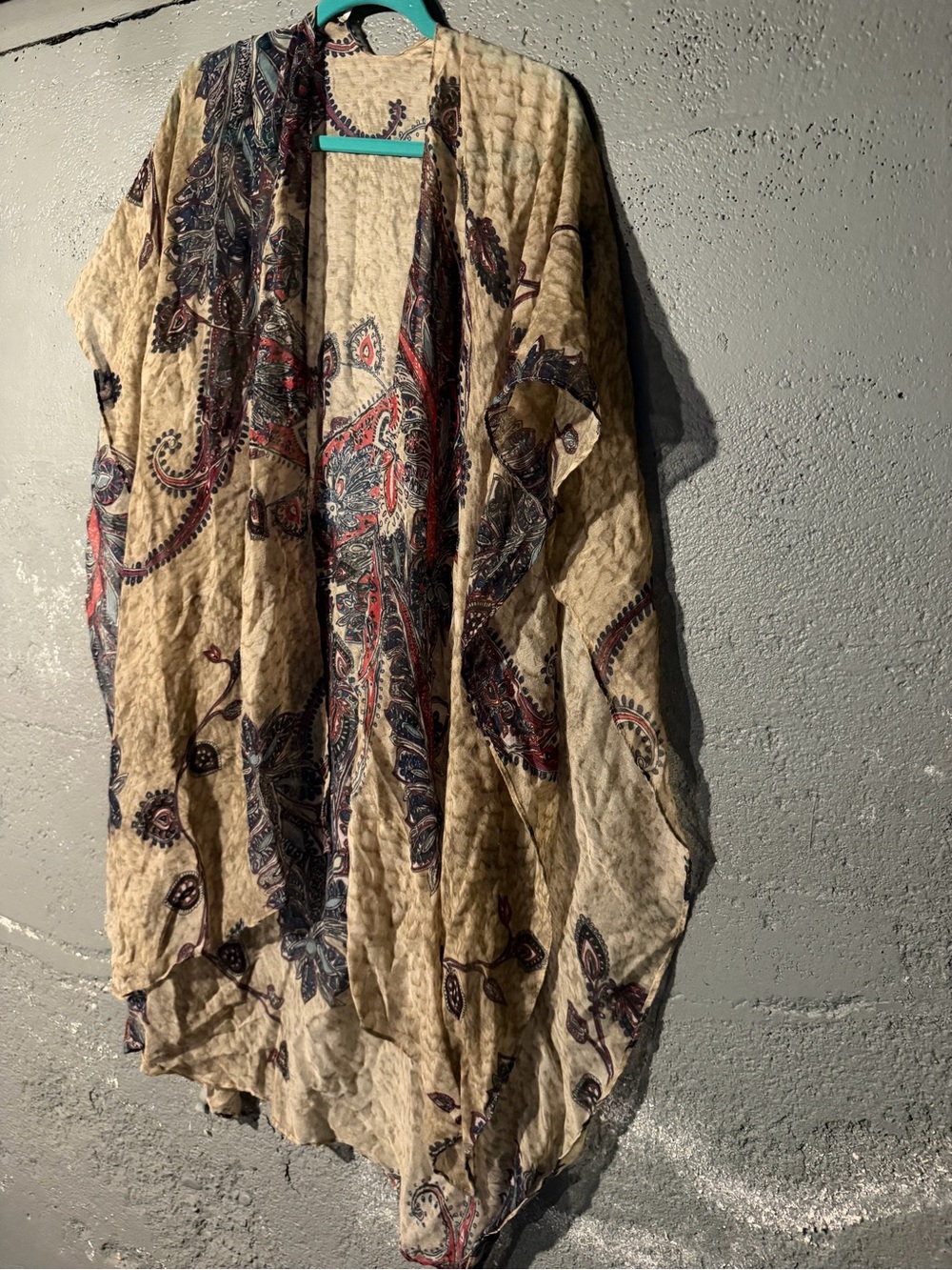 Charlotte Russe Beige Paisley Open-Front Wrap with Blue and Red Accents